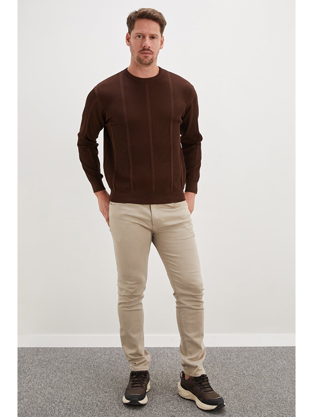 Kahverengi Fitilli Bisiklet Yaka Regular Fit Triko Kazak-1