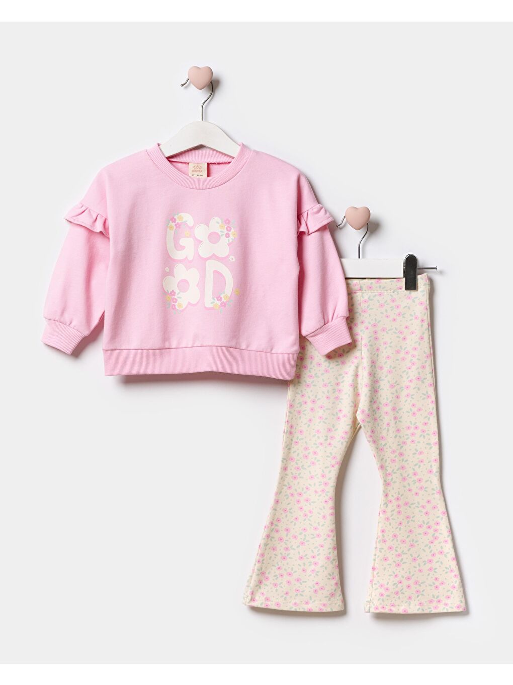 Kız Çocuk Pamuklu Pembe Baskılı Sweat Ve Çiçek Desenli Volan Paça Tayt Takım