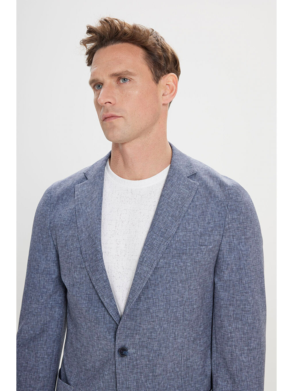 Erkek Lacivert Slim Fit Dar Kesim Mono Yaka Beli Bağlamalı Desenli Takım Elbise-3