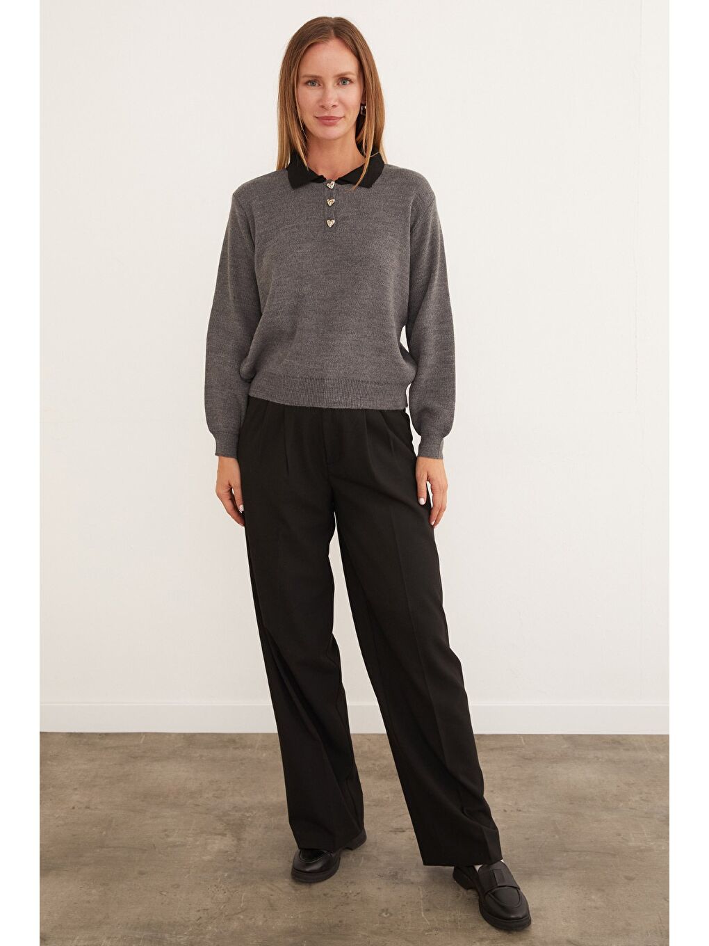 Antrasit Basic Gömlek Yaka Yarım Düğmeli Triko Kazak-2