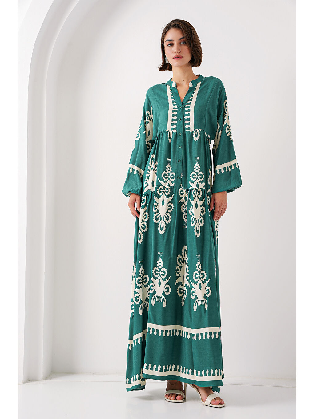 Turkuaz 2423 Otantik Desenli Tesettür Elbise - A. Zümrüt Yeşili-1