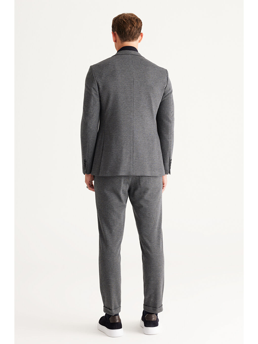 Erkek Lacivert-Gri Slim Fit Dar Kesim Mono Yaka Desenli Takım Elbise-5