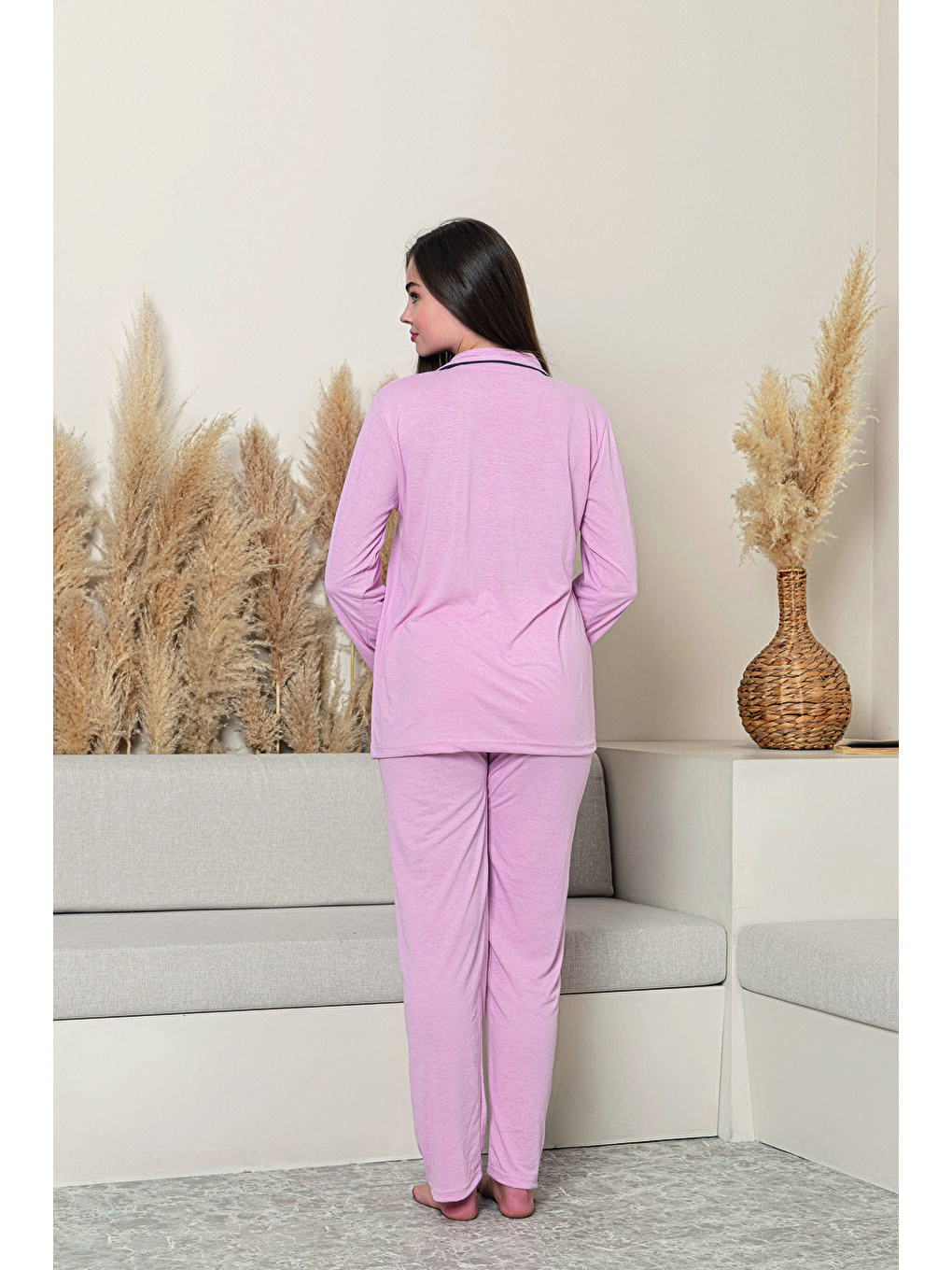 Pembe Kadın %100 Organik Pamuk Doğal Gömlek Yaka Düğmeli Uzun Kollu Biyeli Pijama Takımı-1