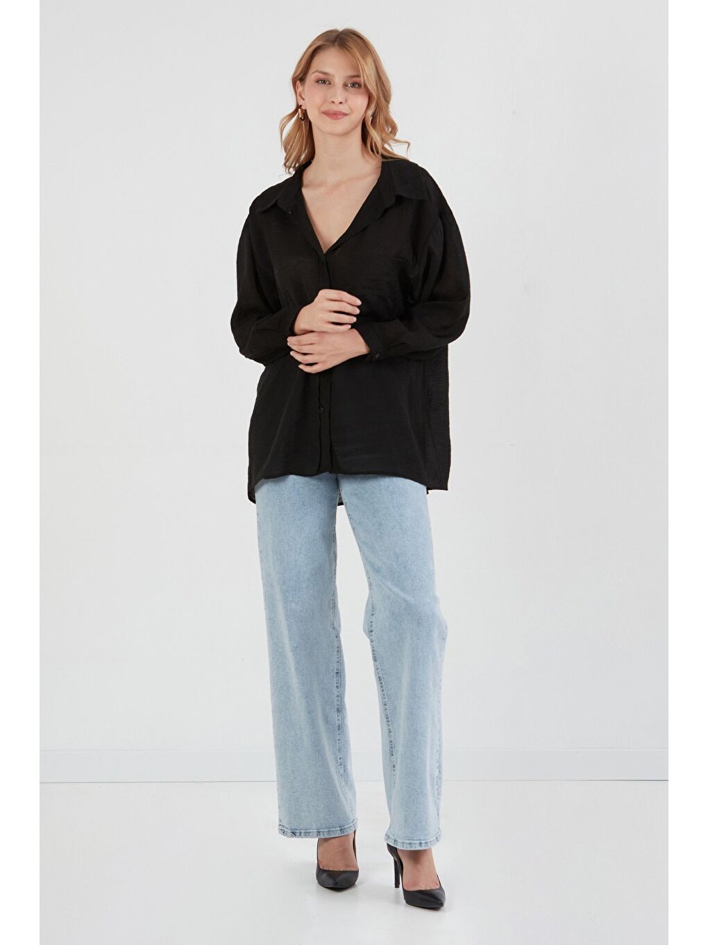 Siyah Basic Cepli Salaş Şifon Gömlek-1