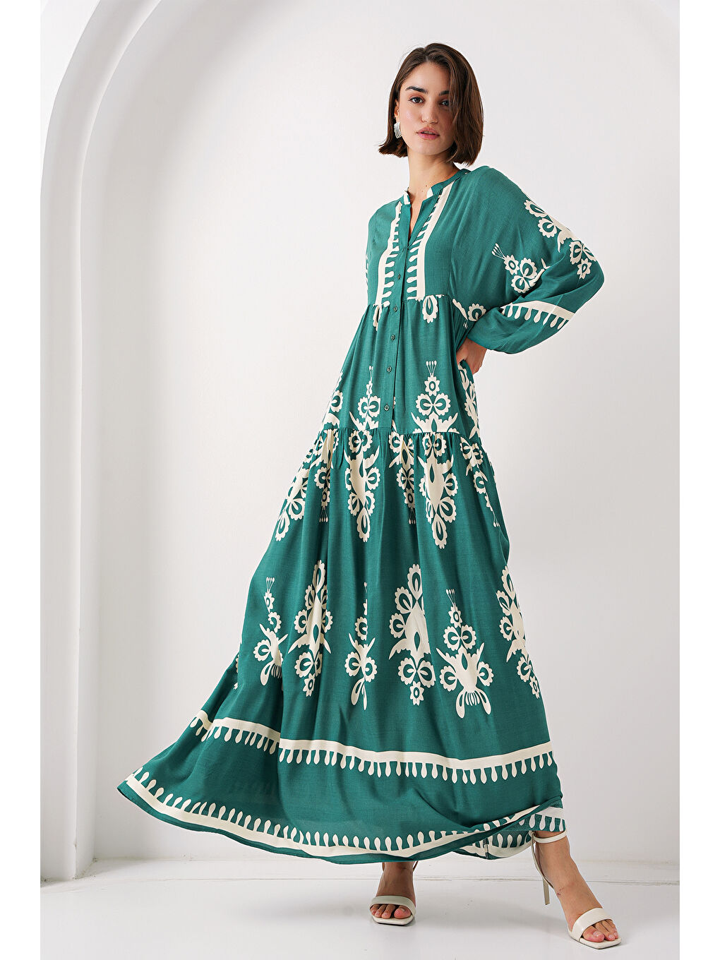 Turkuaz 2423 Otantik Desenli Tesettür Elbise - A. Zümrüt Yeşili-2