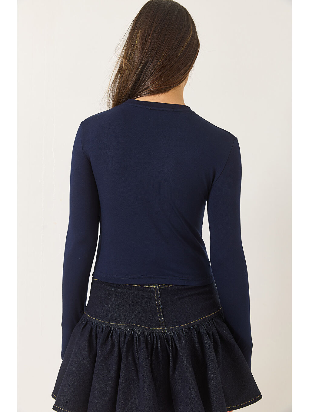 Lacivert Kadın Parmak Geçirmeli Bisiklet Yaka Uzun Kol Modal Bluz-6