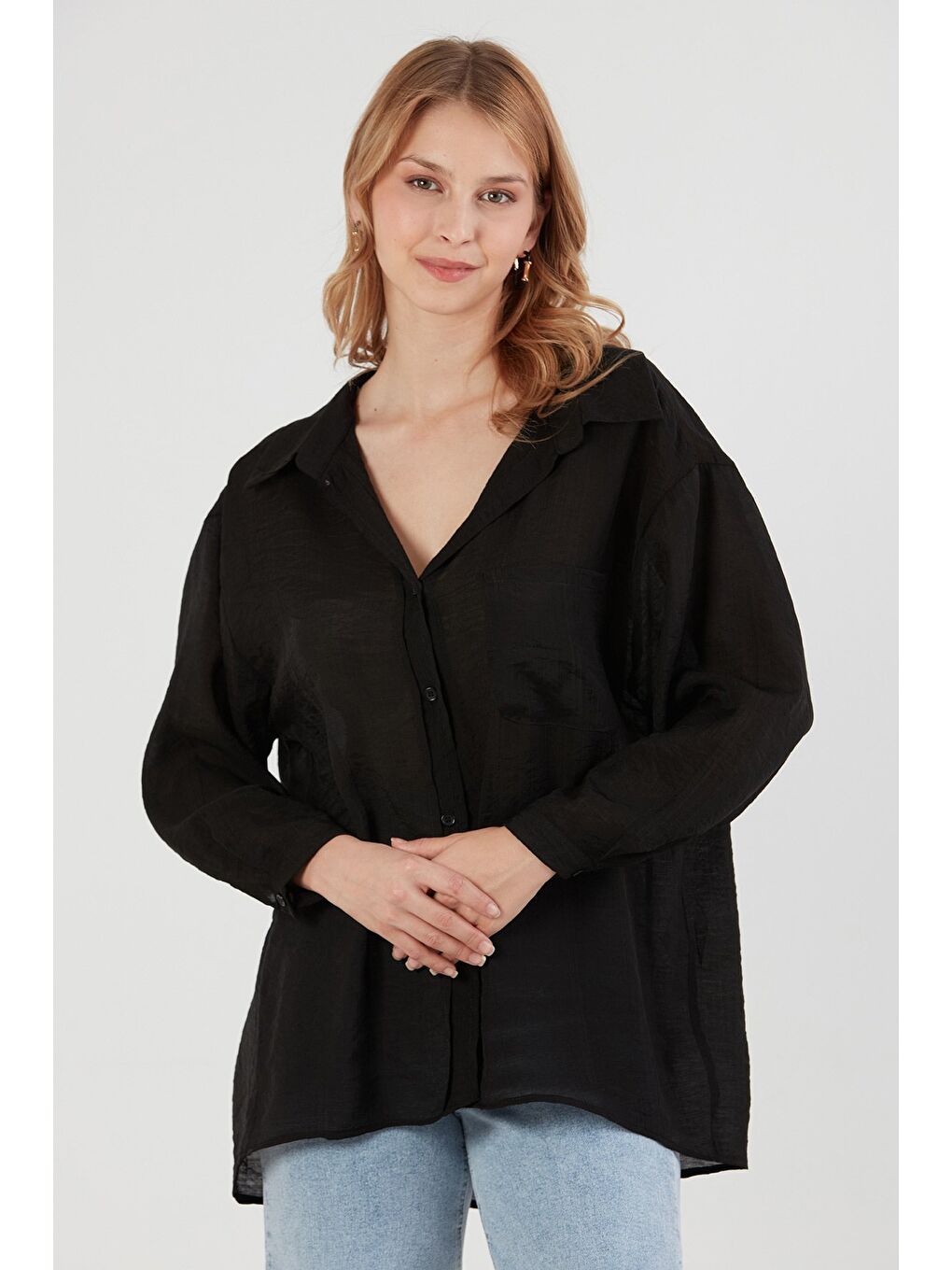 Siyah Basic Cepli Salaş Şifon Gömlek-3