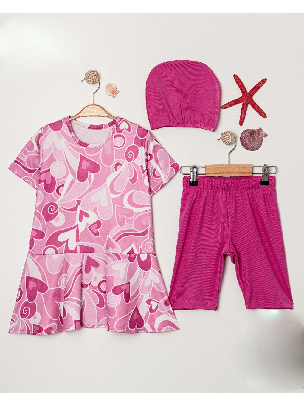 Pembe Kalp Desenli Kız Çocuk Mayo 3469