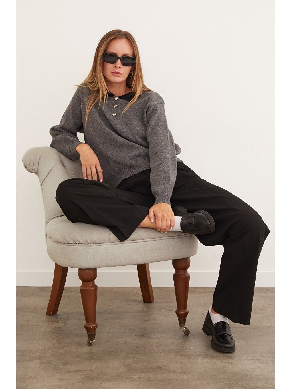 Antrasit Basic Gömlek Yaka Yarım Düğmeli Triko Kazak-3