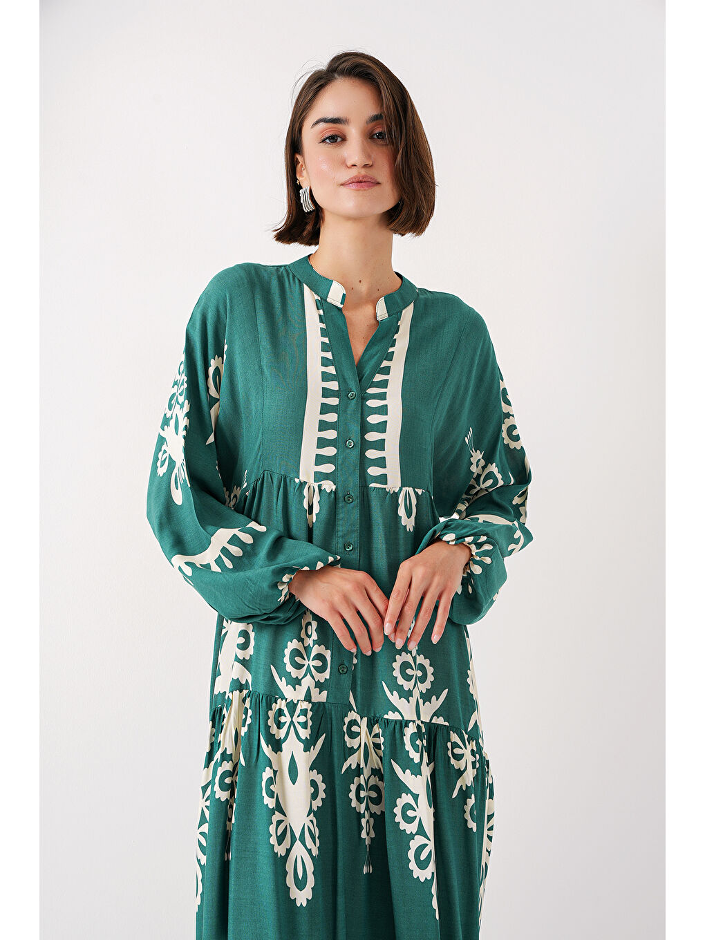 Turkuaz 2423 Otantik Desenli Tesettür Elbise - A. Zümrüt Yeşili-3