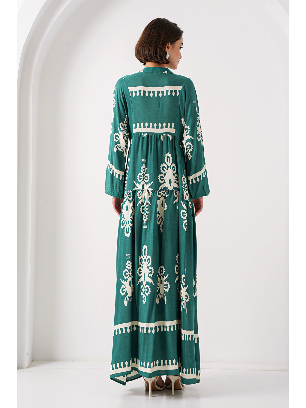Turkuaz 2423 Otantik Desenli Tesettür Elbise - A. Zümrüt Yeşili-4