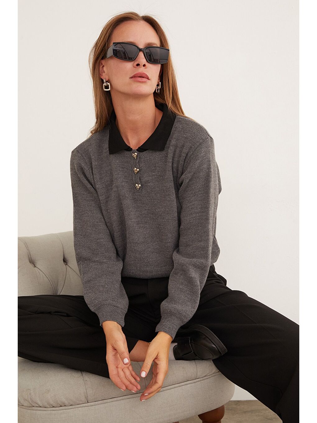 Antrasit Basic Gömlek Yaka Yarım Düğmeli Triko Kazak-4