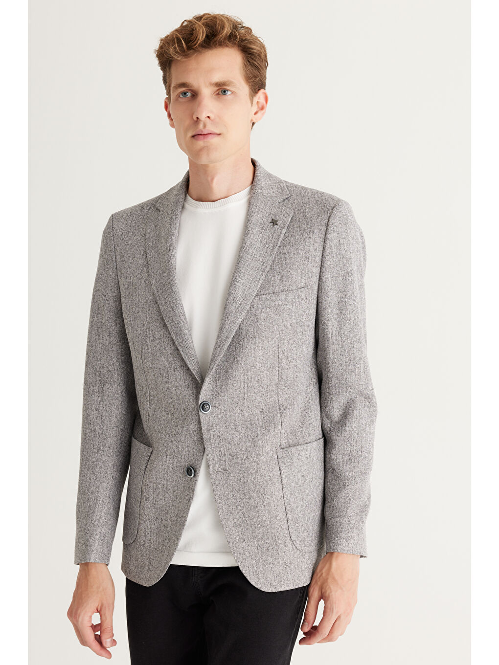 Erkek Gri Slim Fit Dar Kesim Mono Yaka Desenli Ceket-1