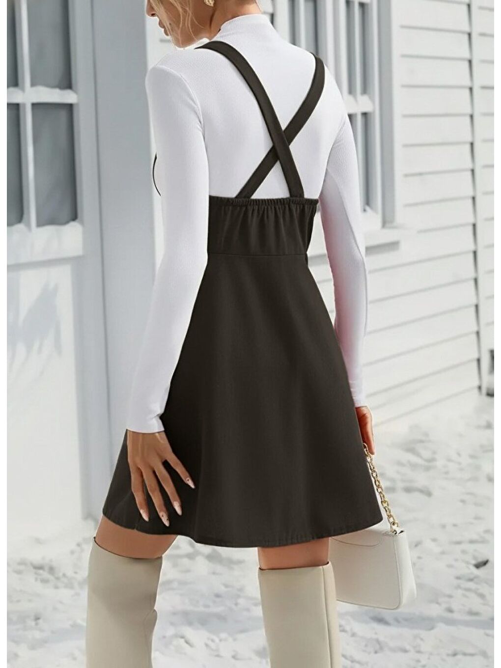 Haki Kadın Askılı Düğmeli Mini Süet Elbise-1