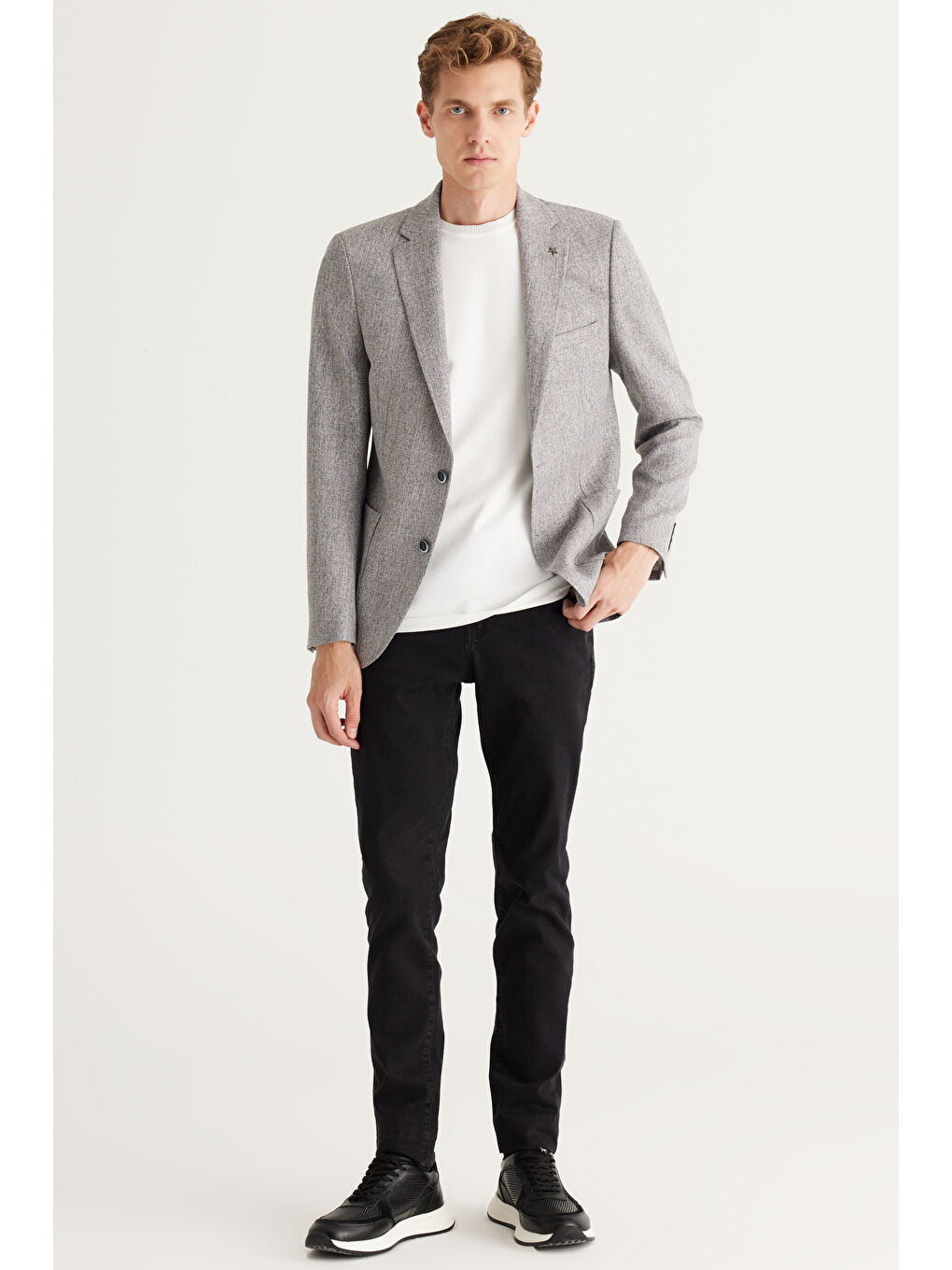 Erkek Gri Slim Fit Dar Kesim Mono Yaka Desenli Ceket-3