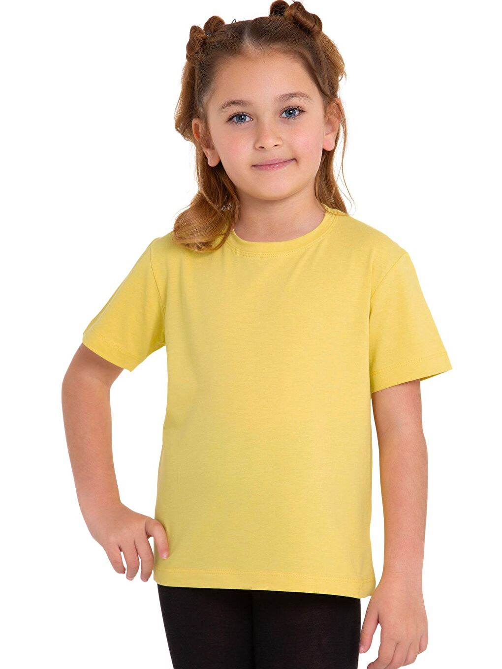 Sarı Bisiklet Yaka Kısa Kol Baskısız Sari Renk Kız Çocuk Tshirt-1