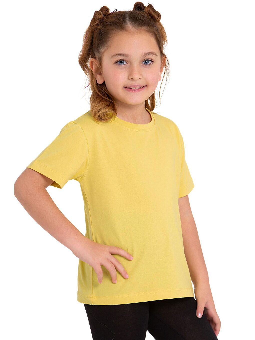 Sarı Bisiklet Yaka Kısa Kol Baskısız Sari Renk Kız Çocuk Tshirt-2