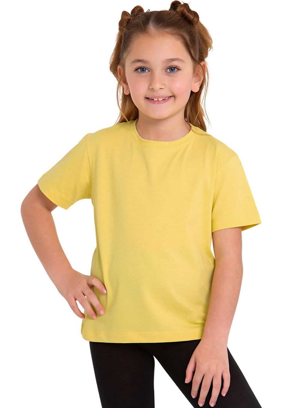 Sarı Bisiklet Yaka Kısa Kol Baskısız Sari Renk Kız Çocuk Tshirt-3