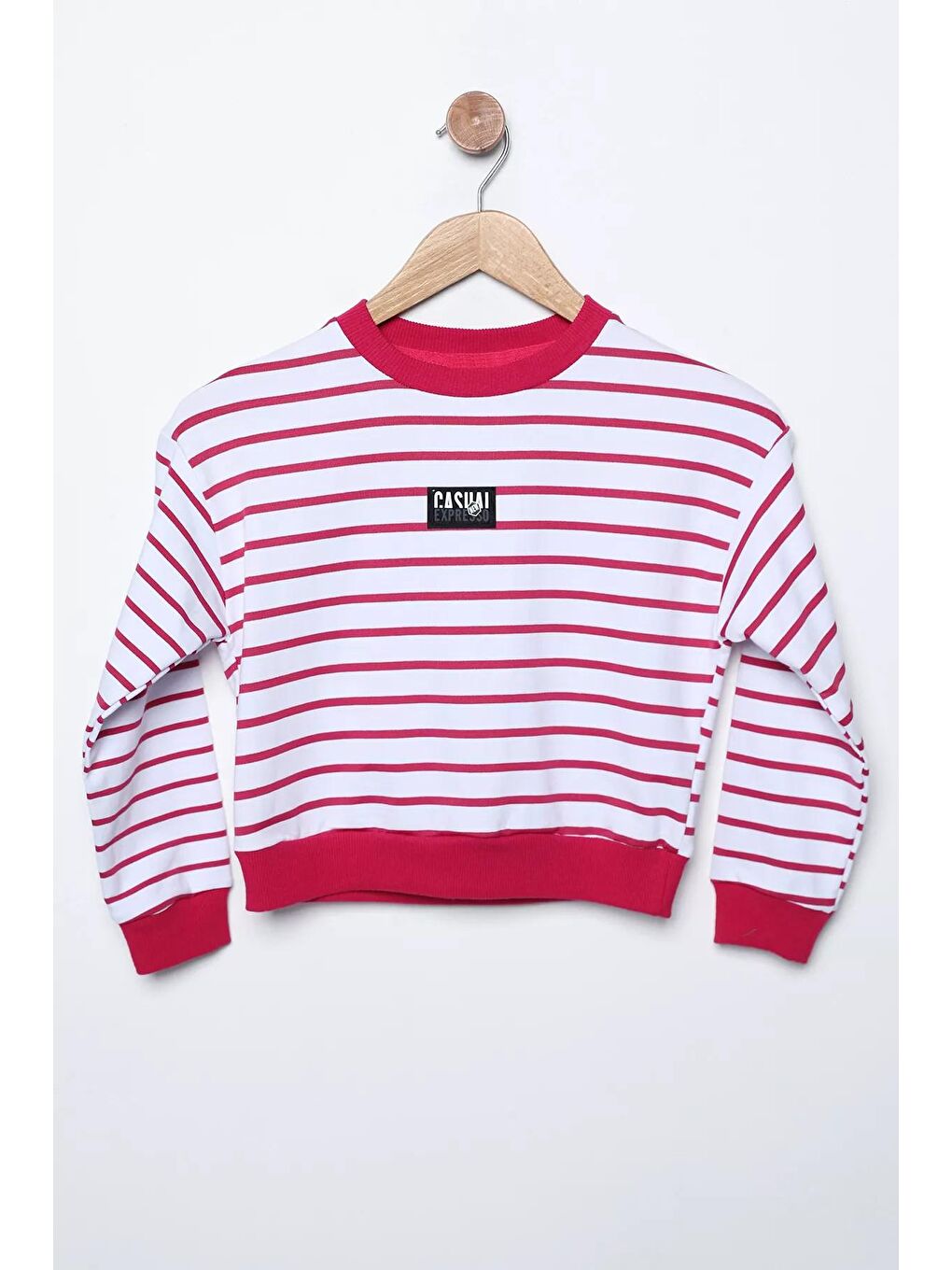 Fuşya Bisiklet Yaka Bel Ve Kol Lastikli Çizgi Desenli Kız Çocuk Sweatshirt