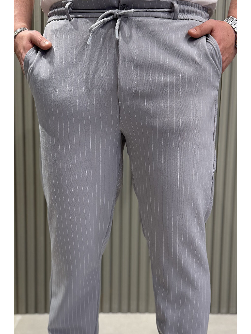 Mishar İtalia Gri Çizgili Duble Paça Erkek Pantolon - 3