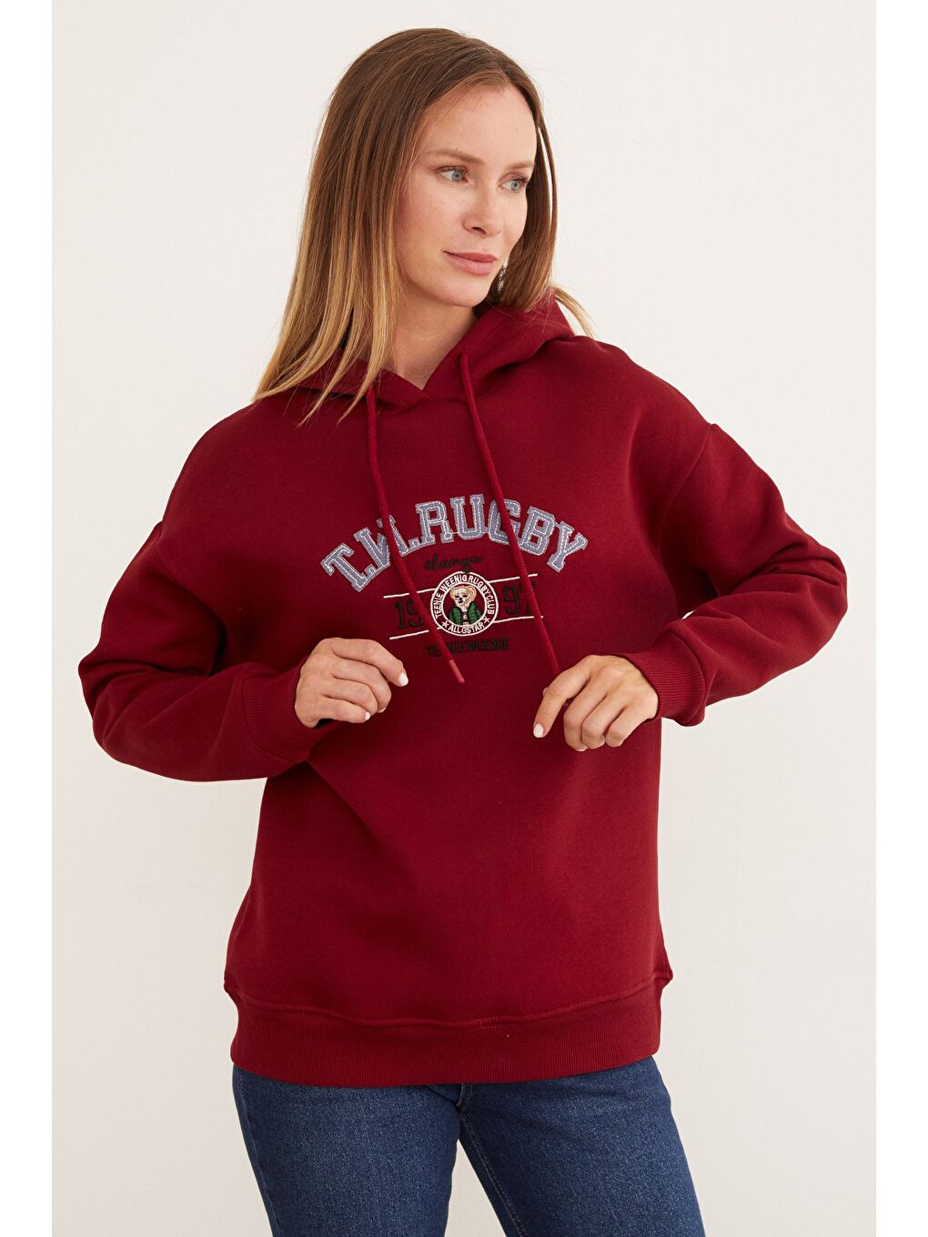 Bordo 3 İplik Rugby Nakışlı Kapüşonlu Sweatshirt