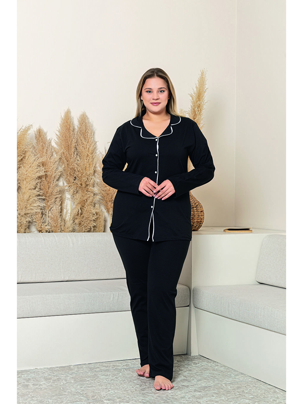Siyah Kadın %100 Organik Pamuk Doğal Gömlek Yaka Düğmeli Uzun Kollu Biyeli Battal Pijama Takımı-2