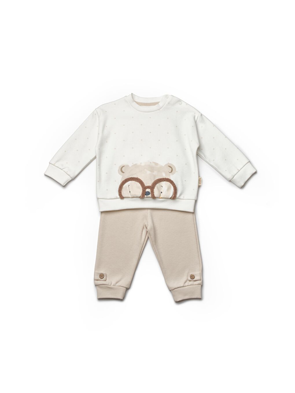 Karışık Organik Pamuklu Unisex Bebek 2'Li Takım - Gözlüklü Ayıcık Desenli Sweatshirt Ve Alt-1