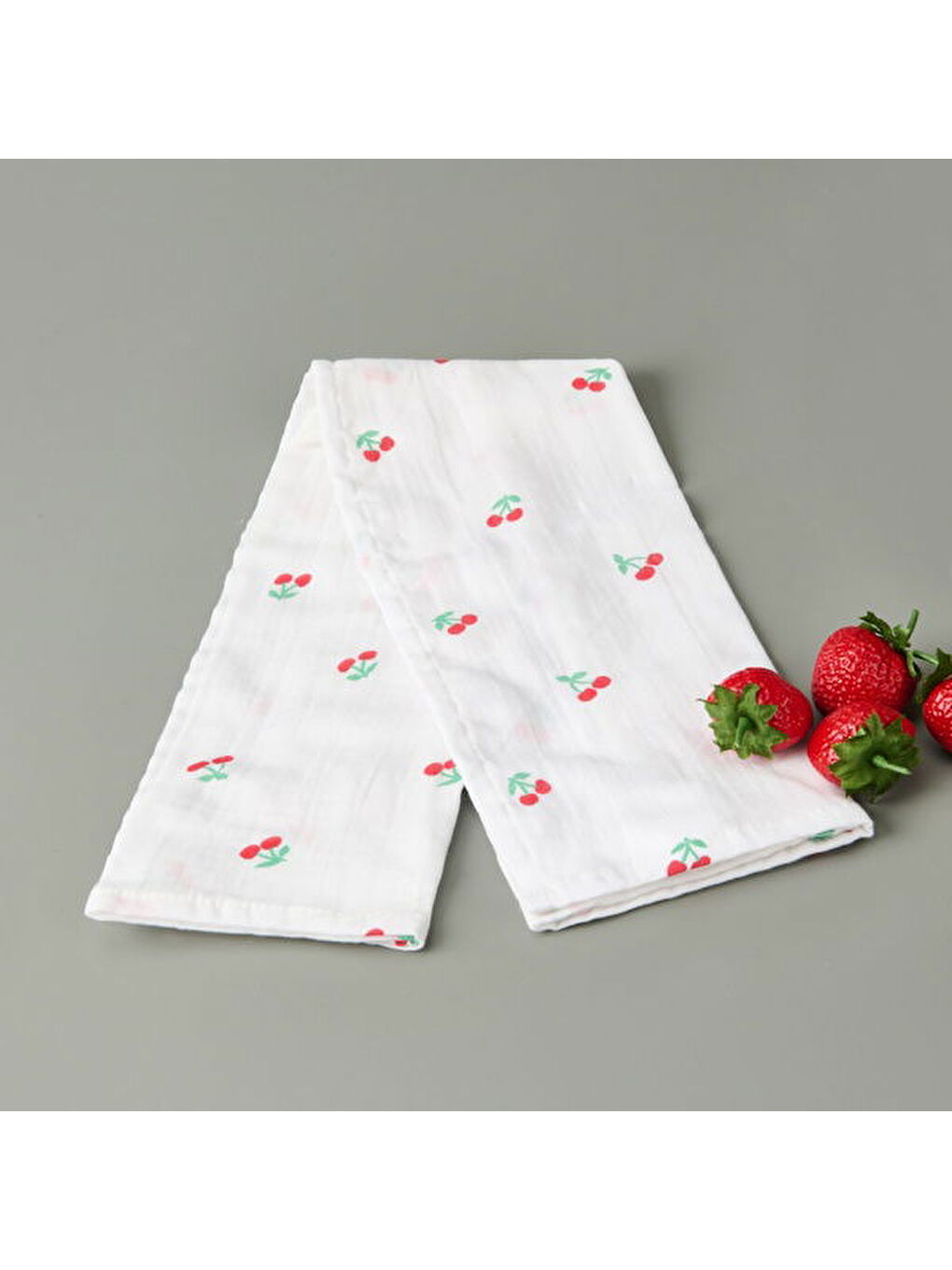 Soft Müslin Kiraz Desenli Kurulama Bezi - Beyaz - 40x60 cm-3