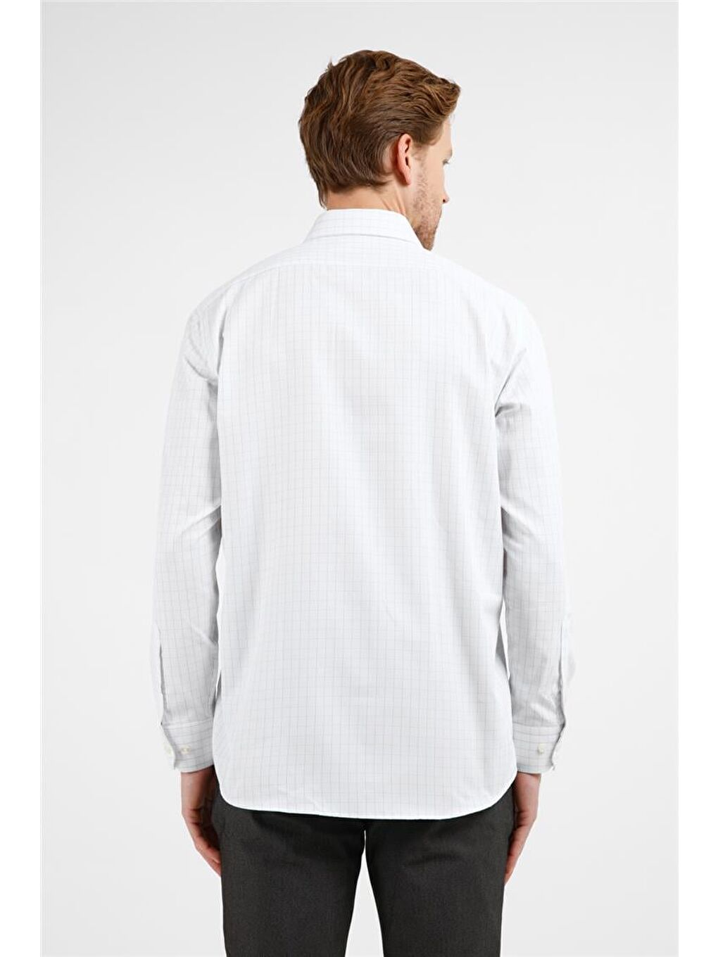 Beyaz - Lacivert Kareli Desen Sert Yaka Uzun Kol Cepli Comfort Fit Pamuklu Gömlek 1004255279-4