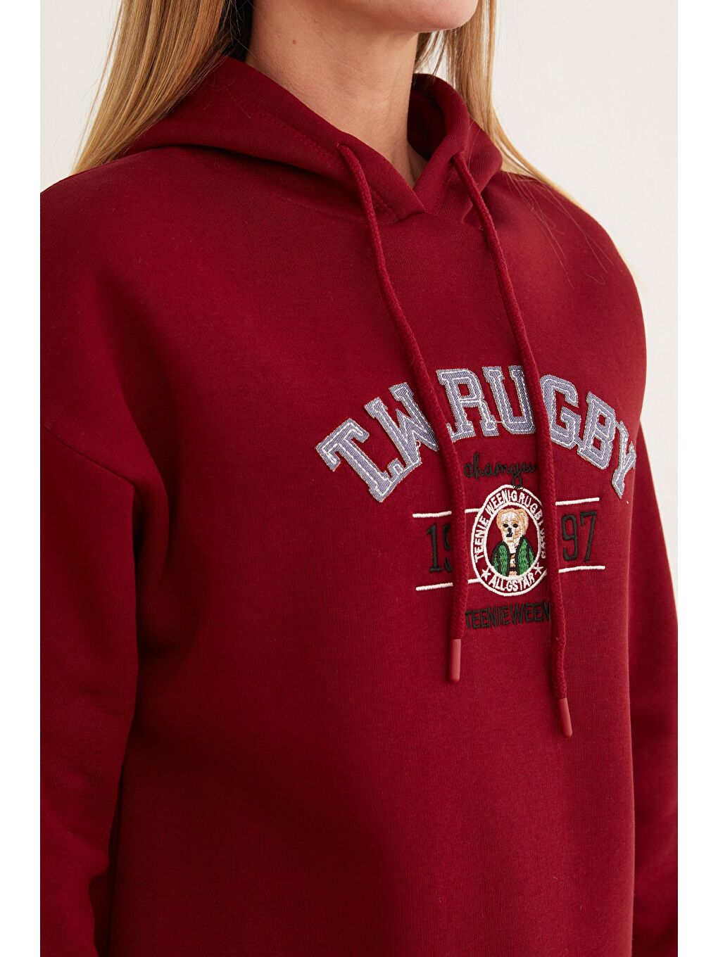 Bordo 3 İplik Rugby Nakışlı Kapüşonlu Sweatshirt-4