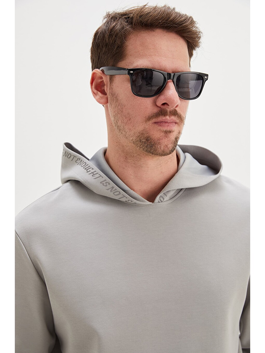 Gri Baskılı Kapüşonlu Kanguru Cepli Sweatshirt-1