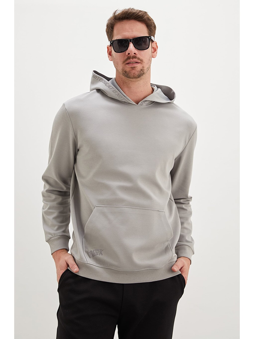 Gri Baskılı Kapüşonlu Kanguru Cepli Sweatshirt-2
