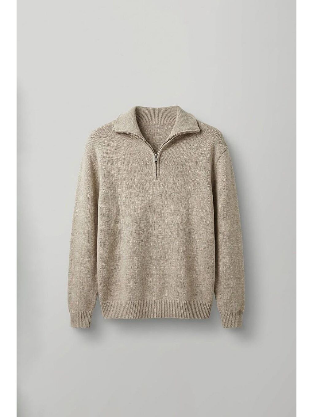 Erkek Yarım Fermuarlı Premium Kumaş Oversize Kazak Bej