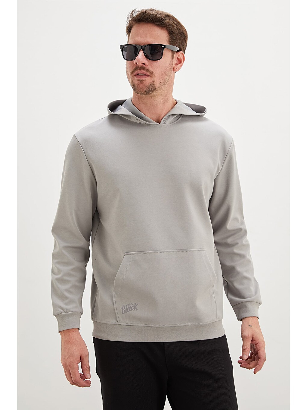 Gri Baskılı Kapüşonlu Kanguru Cepli Sweatshirt-3