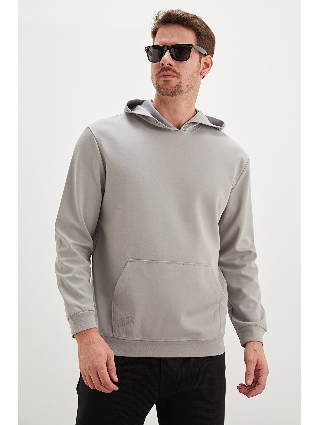 Gri Baskılı Kapüşonlu Kanguru Cepli Sweatshirt-4