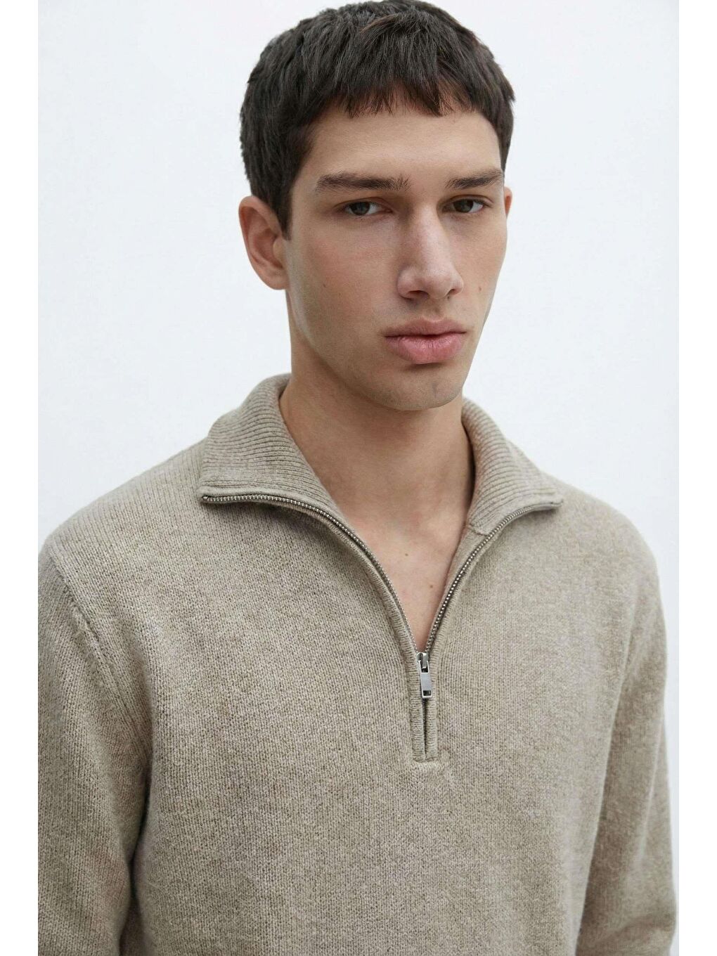 Erkek Yarım Fermuarlı Premium Kumaş Oversize Kazak Bej-2