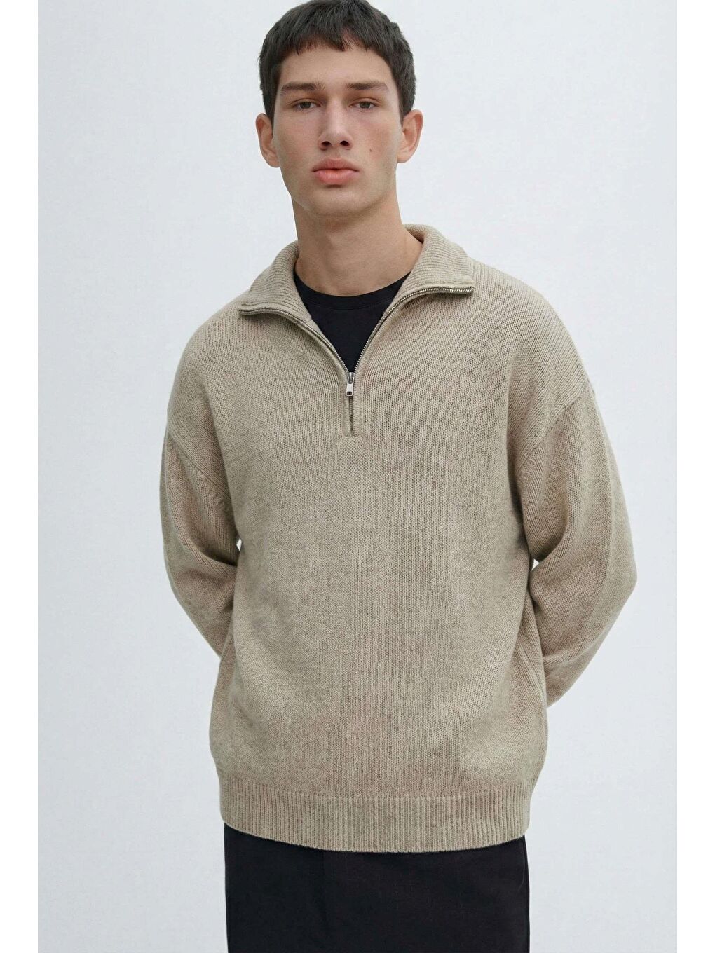 Erkek Yarım Fermuarlı Premium Kumaş Oversize Kazak Bej-3