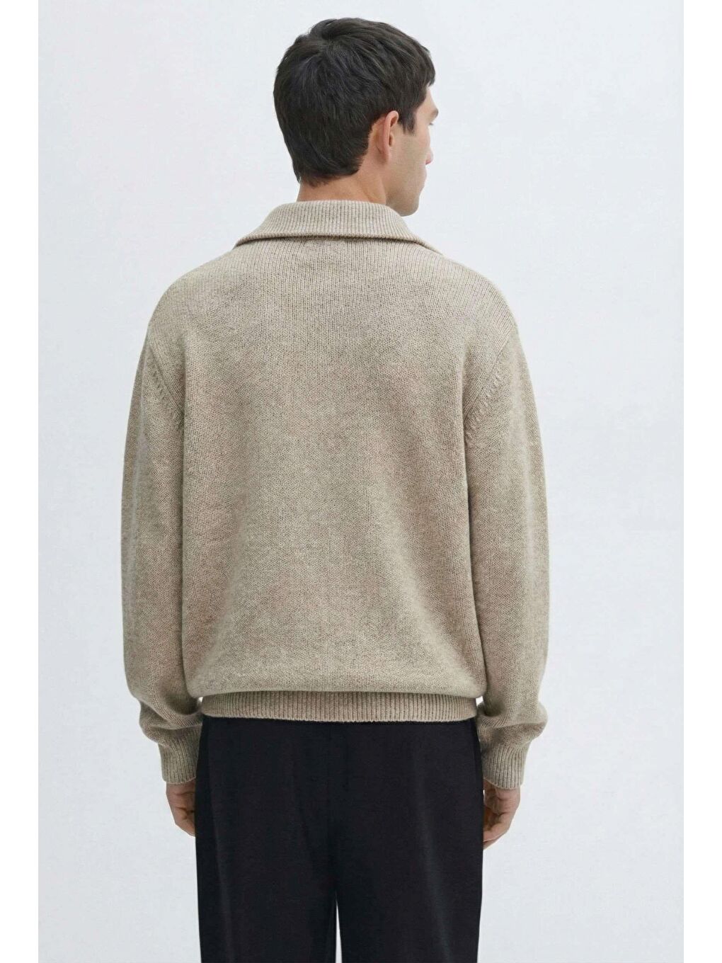 Erkek Yarım Fermuarlı Premium Kumaş Oversize Kazak Bej-4