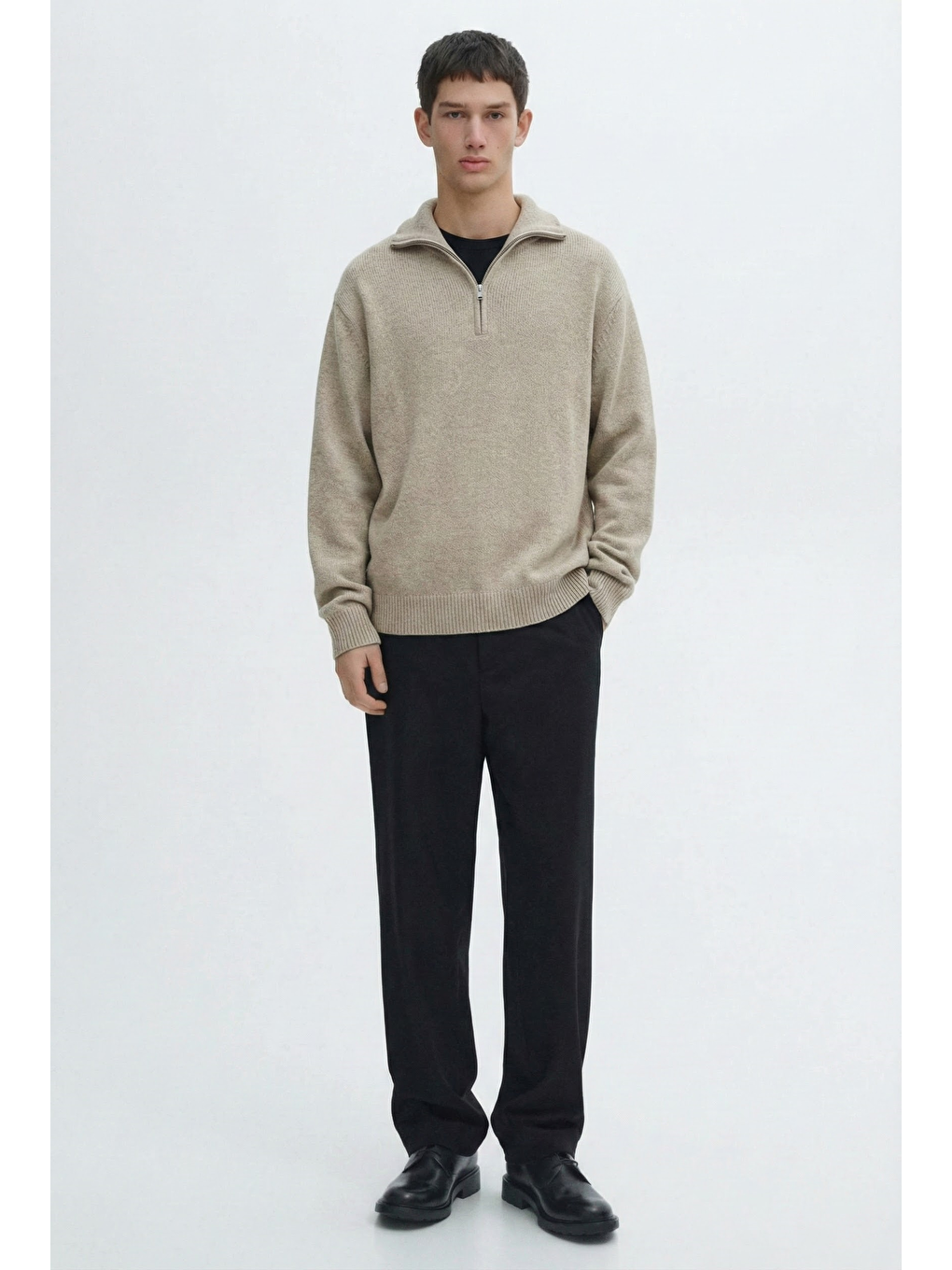 Erkek Yarım Fermuarlı Premium Kumaş Oversize Kazak Bej-5