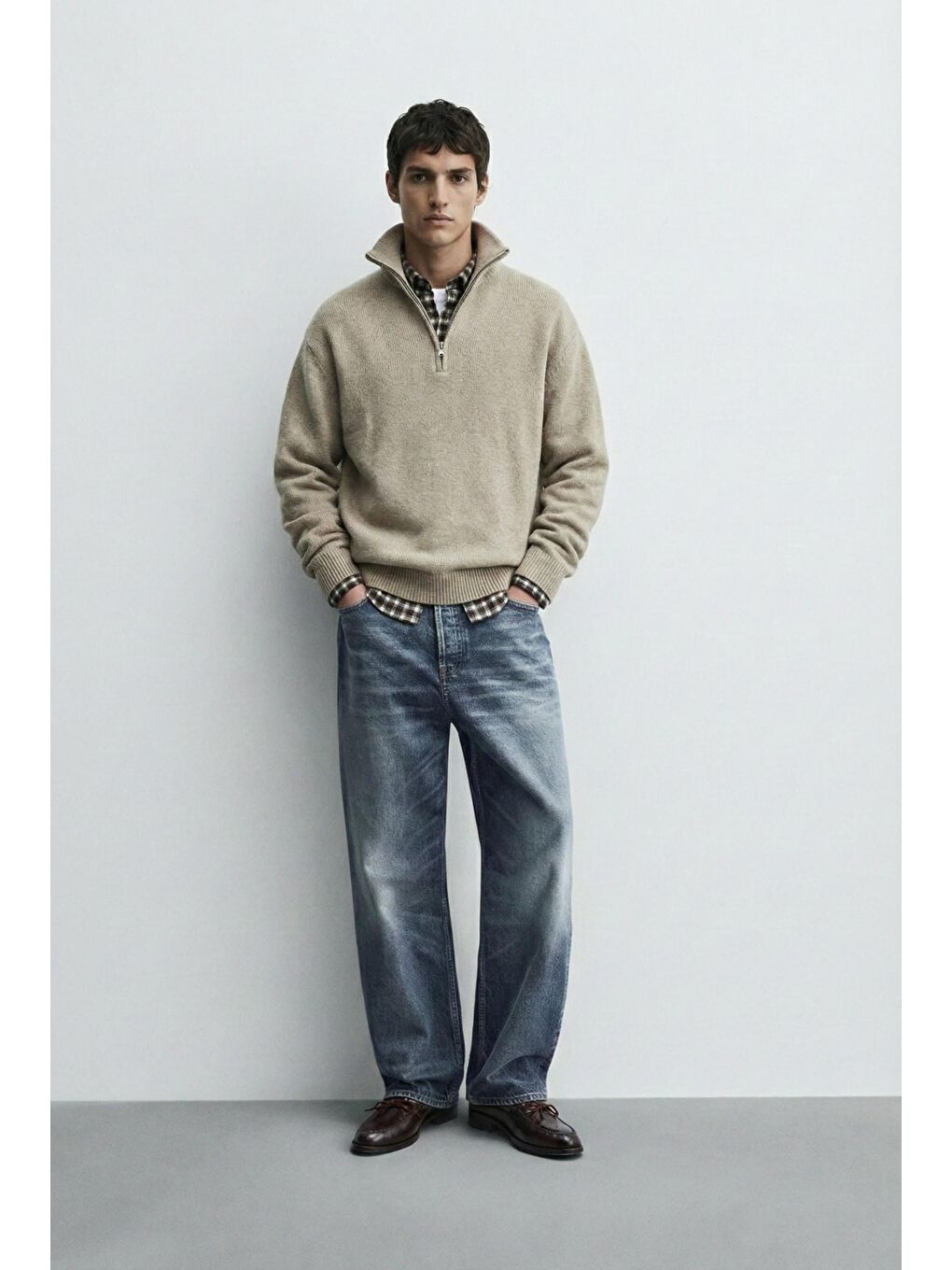 Erkek Yarım Fermuarlı Premium Kumaş Oversize Kazak Bej-6