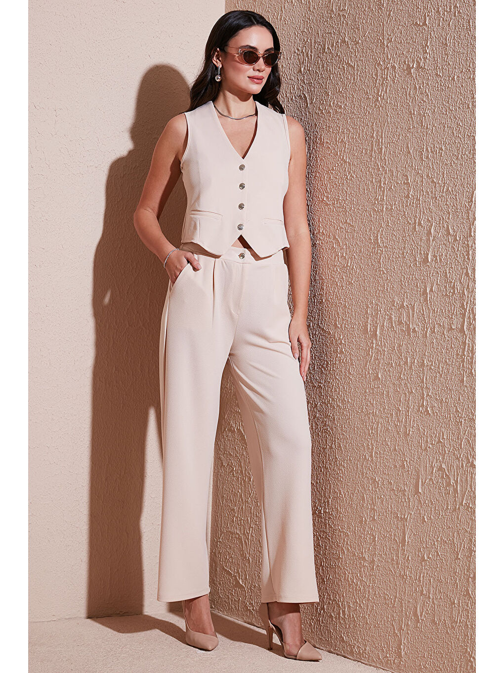 Lacivert Regular Fit Yüksek Bel Bol Paça V Yaka Yelekli Kadın Takım 5866199