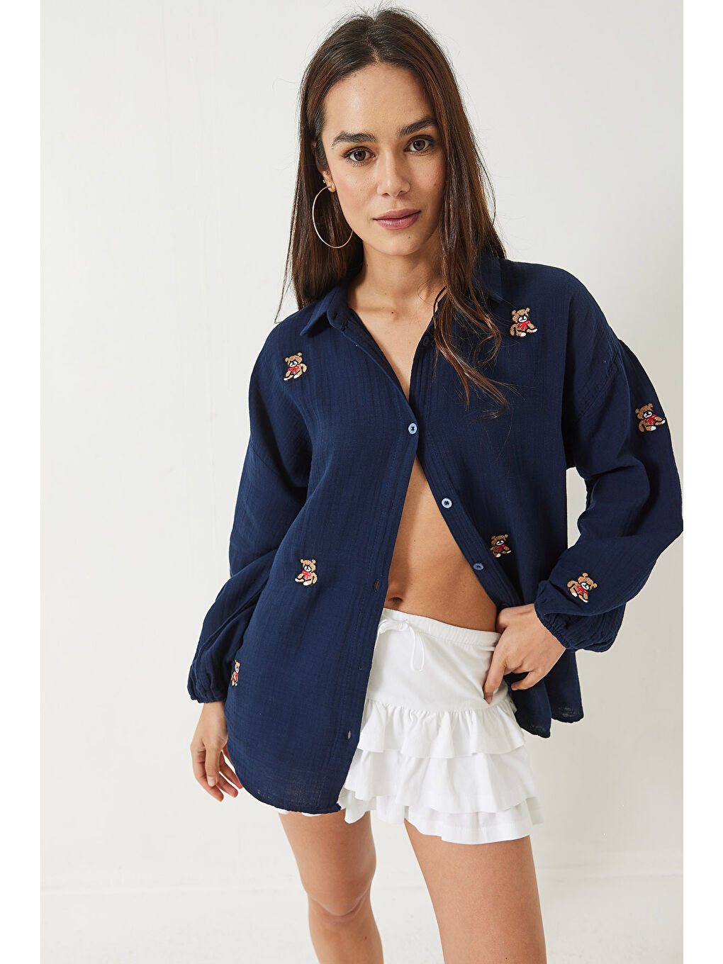 Lacivert Kadın Teddy İşlemeli Kolları Lastikli Oversize Pamuk Gömlek-2