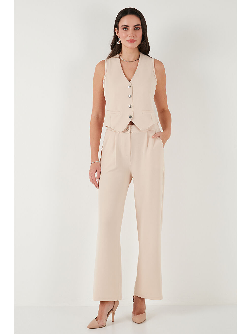 Lacivert Regular Fit Yüksek Bel Bol Paça V Yaka Yelekli Kadın Takım 5866199-1