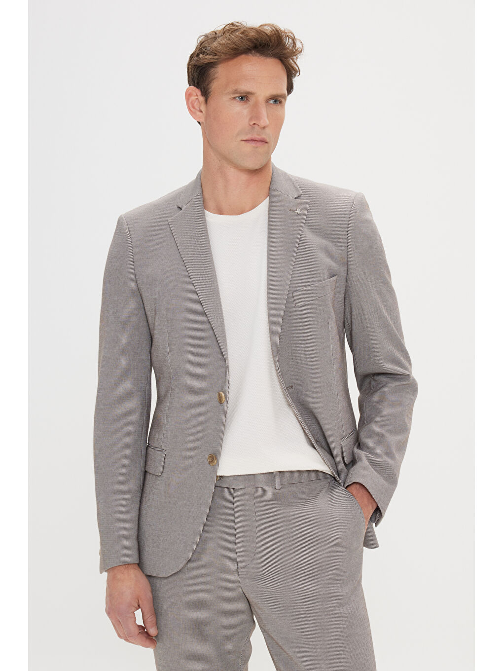 Bej Erkek Vizon Slim Fit Dar Kesim Mono Yaka Çizgili Takım Elbise