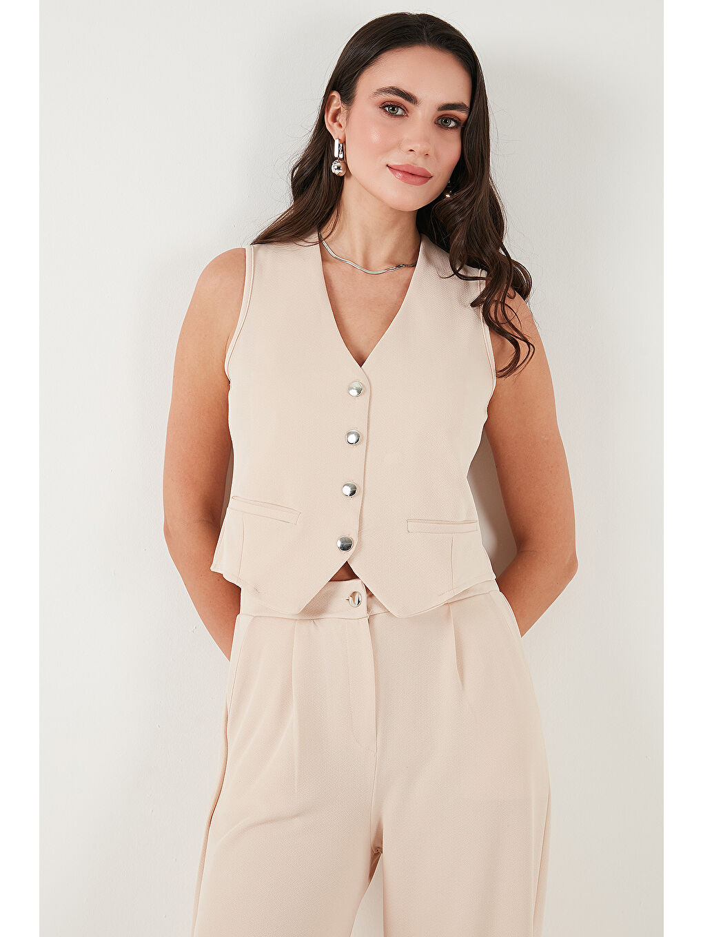 Lacivert Regular Fit Yüksek Bel Bol Paça V Yaka Yelekli Kadın Takım 5866199-4