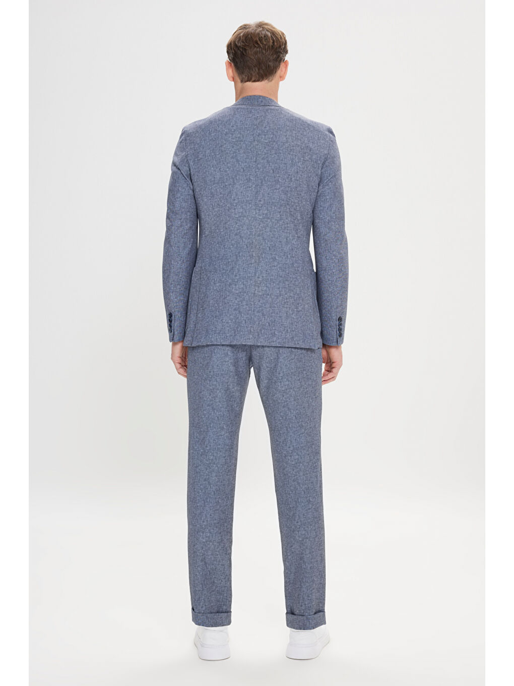 Erkek Lacivert Slim Fit Dar Kesim Mono Yaka Beli Bağlamalı Desenli Takım Elbise-5