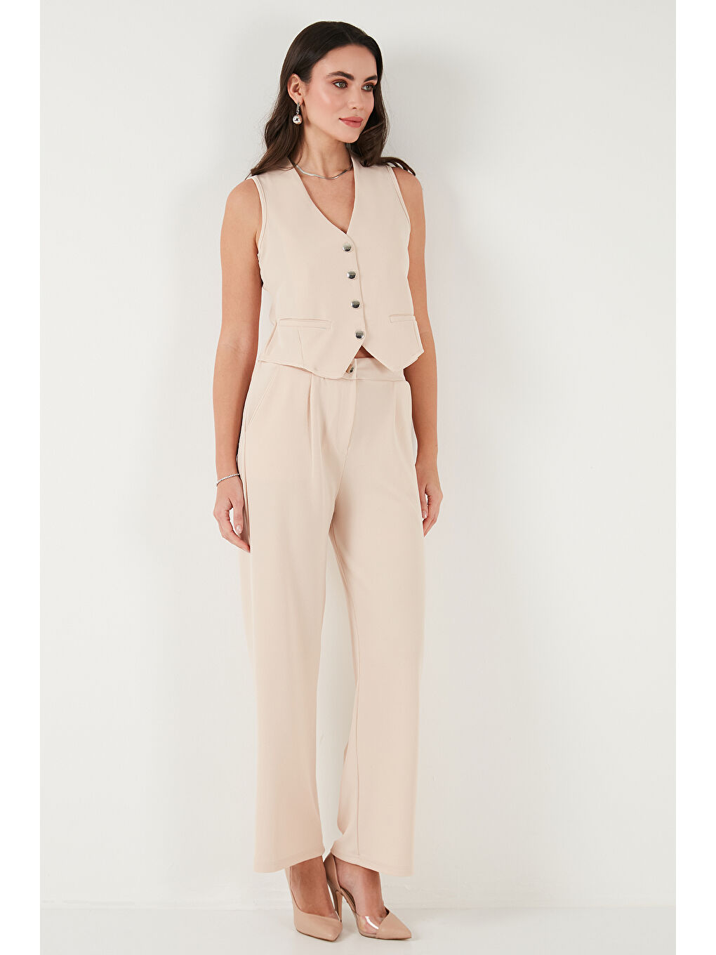 Lacivert Regular Fit Yüksek Bel Bol Paça V Yaka Yelekli Kadın Takım 5866199-5