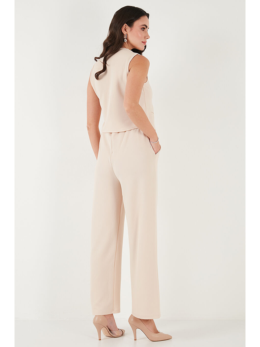 Lacivert Regular Fit Yüksek Bel Bol Paça V Yaka Yelekli Kadın Takım 5866199-6