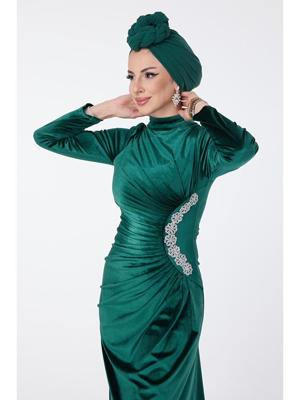 Düz Hakim Yaka Kadın Yeşil Abiye Elbise - 23591-1