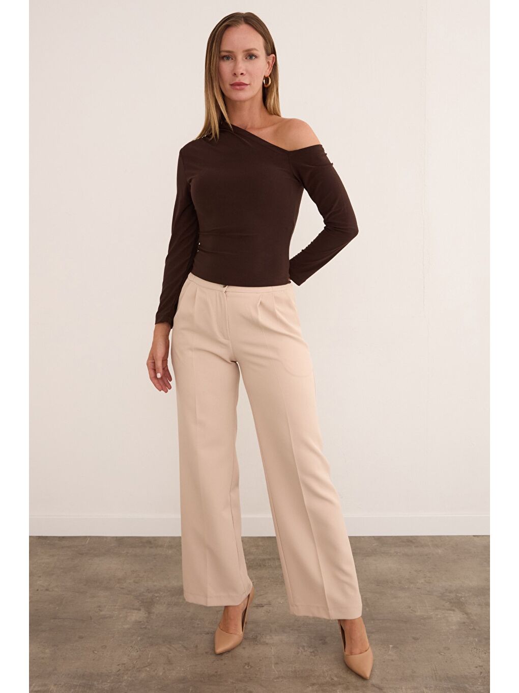 Kahverengi Basic Tek Omuz Bluz-2